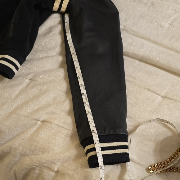 Classic Black and White Varsity Jacket with Letter Patch - Picture 12 of 12